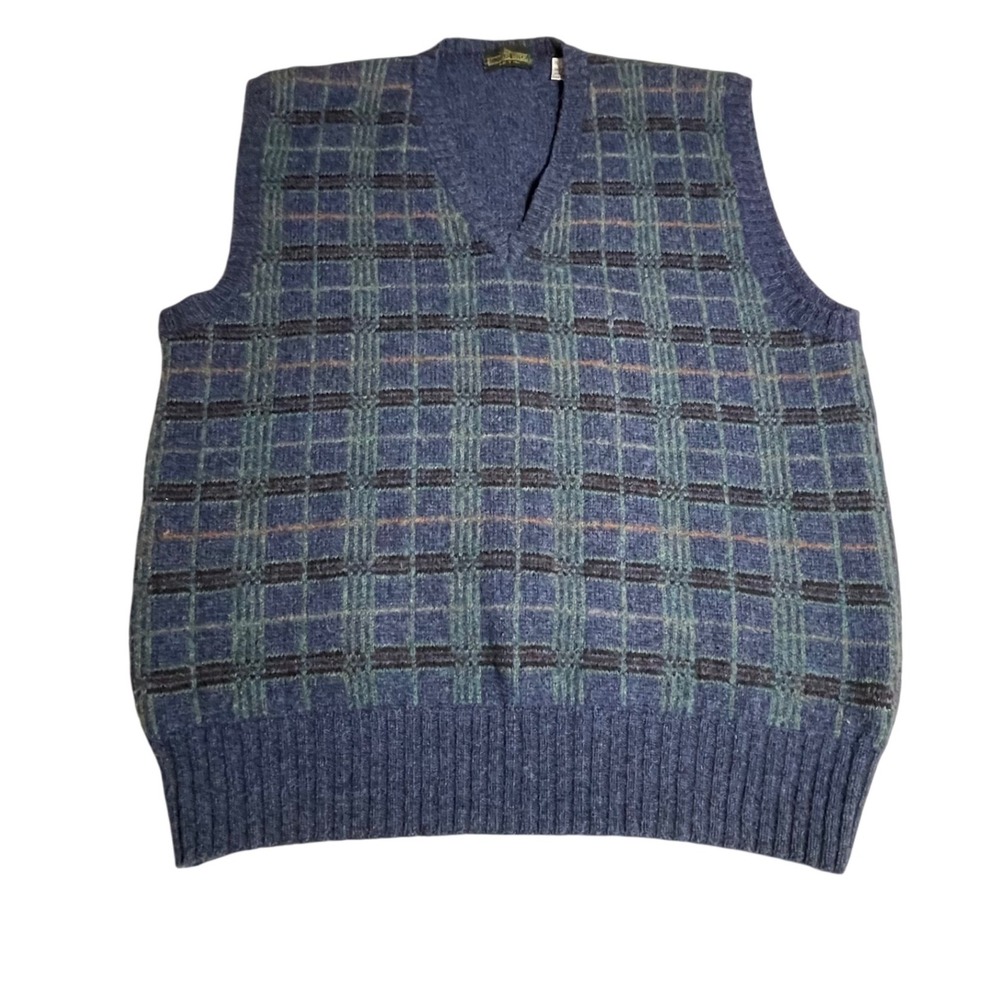 Vintage Boundary Waters V Neck Plaid Vest XL Blue Green Wool Blend Made in Italy